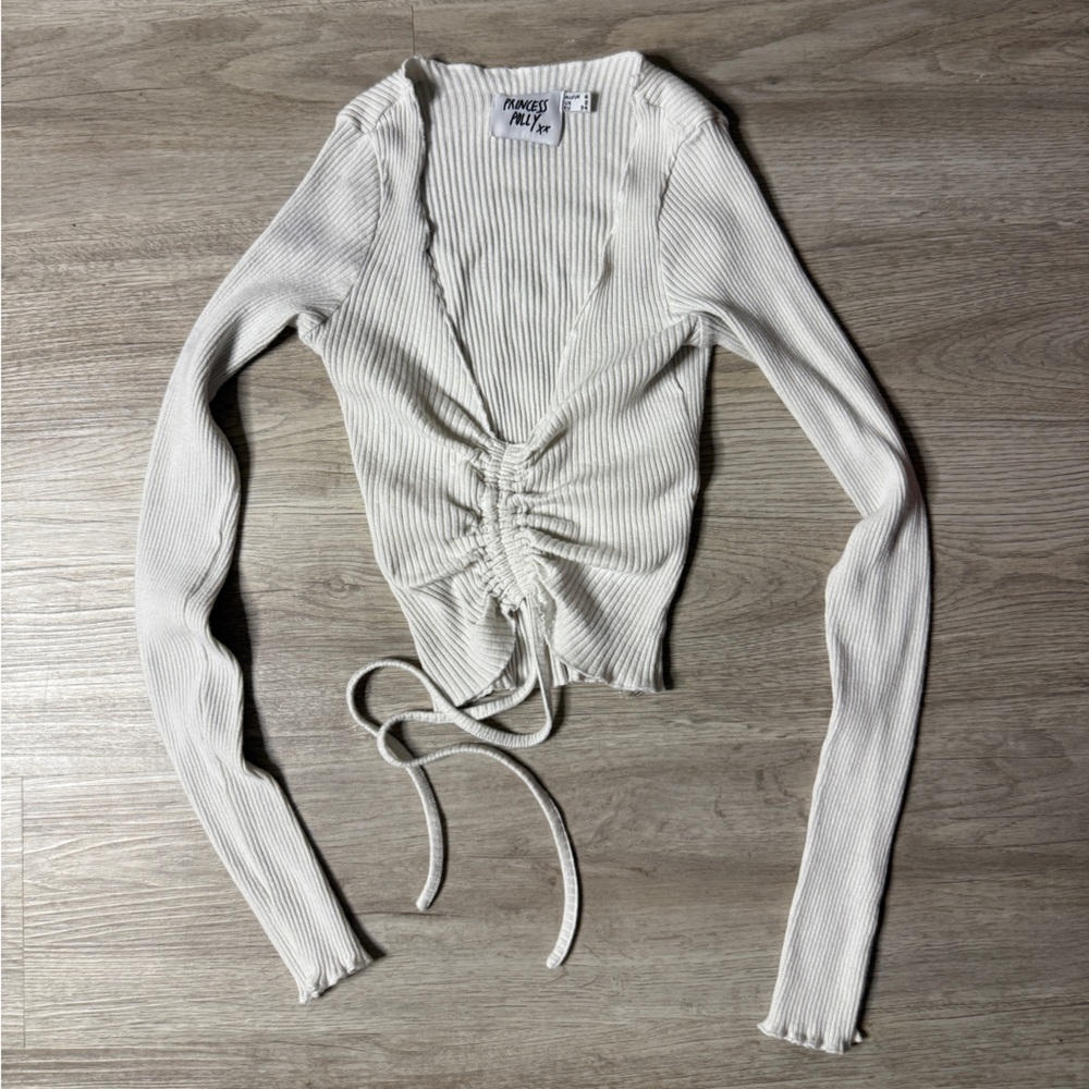 Princess Polly Cream Ribbed Knit Top